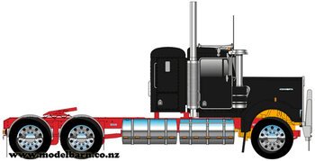 1/50 Kenworth W900 Flat Top Prime Mover (Black & Red, Alloys)-trucks-and-trailers-Model Barn