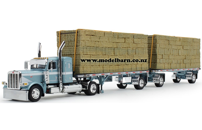 1/64 Peterbilt 389 (Pacific Blue) with 2 Flatbed Trailers & Hay Loads