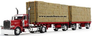 1/64 Peterbilt 389 (Viper Red) with 2 Flatbed Trailers & Hay Loads-trucks-and-trailers-Model Barn