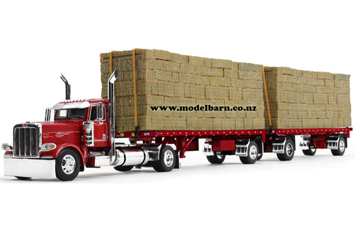 1/64 Peterbilt 389 (Viper Red) with 2 Flatbed Trailers & Hay Loads